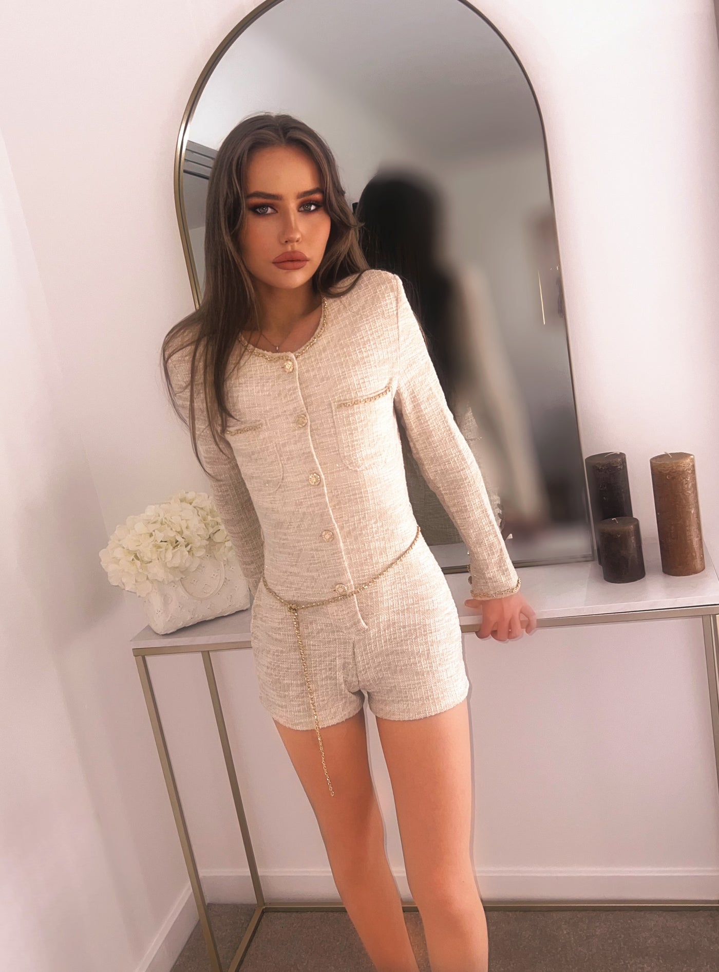 Nyla Cream Tweed Playsuit Chain Detailing