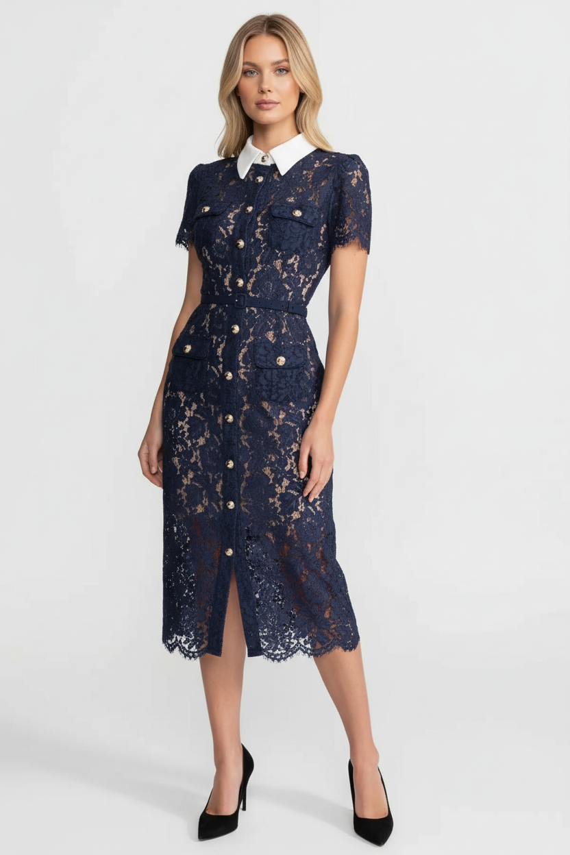 Floral Lace Midi Dress With Belted Waist