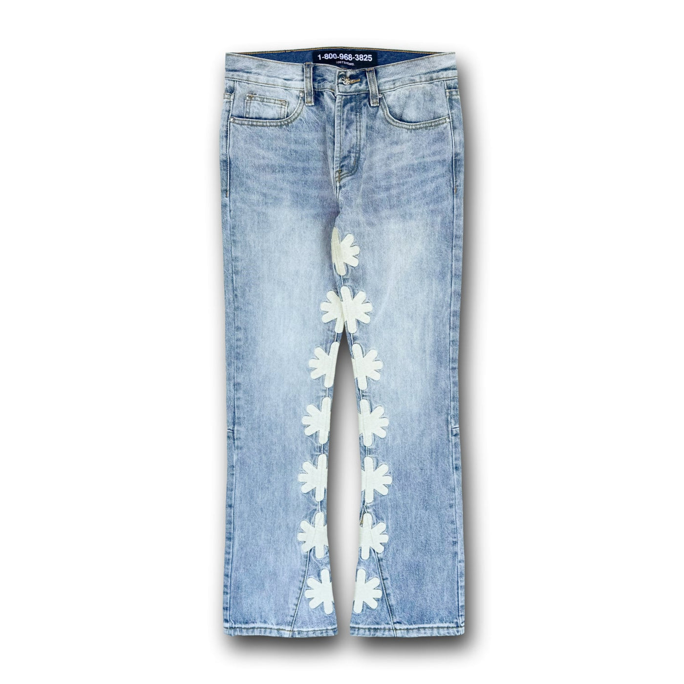 LOSTSHDWS Sun Logo Washed Flared Denim Jeans with Embroidered Details