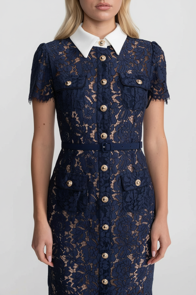 Floral Lace Midi Dress With Belted Waist