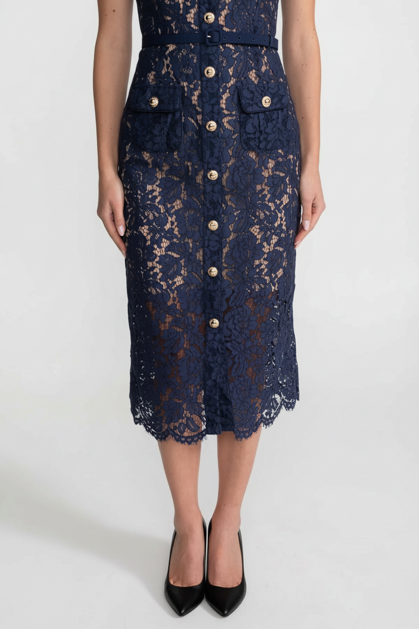 Floral Lace Midi Dress With Belted Waist