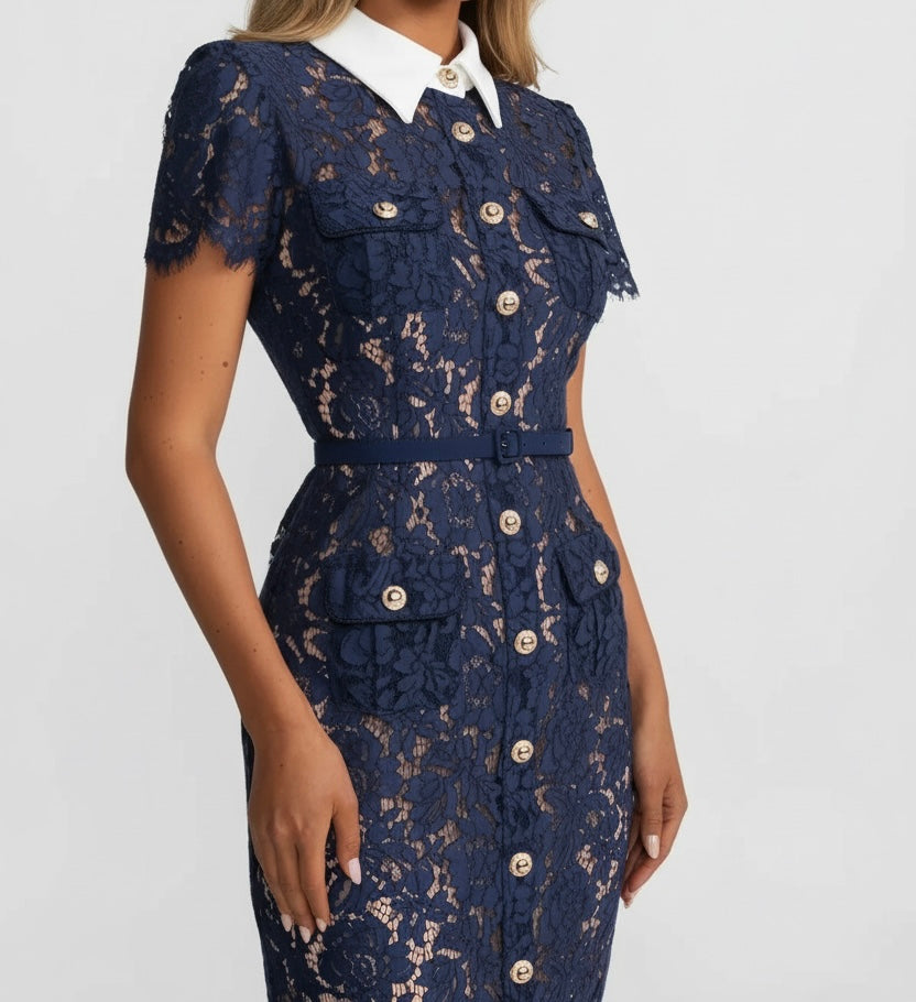 Floral Lace Midi Dress With Belted Waist