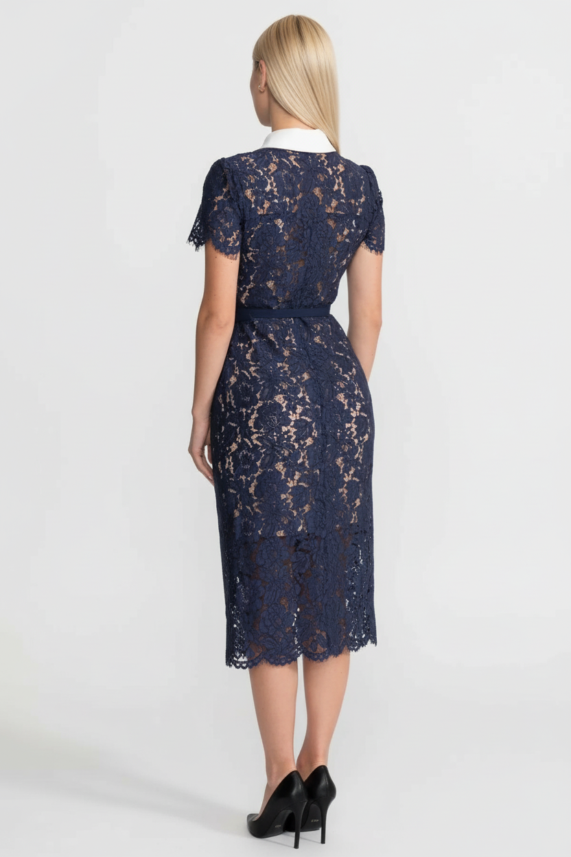 Floral Lace Midi Dress With Belted Waist