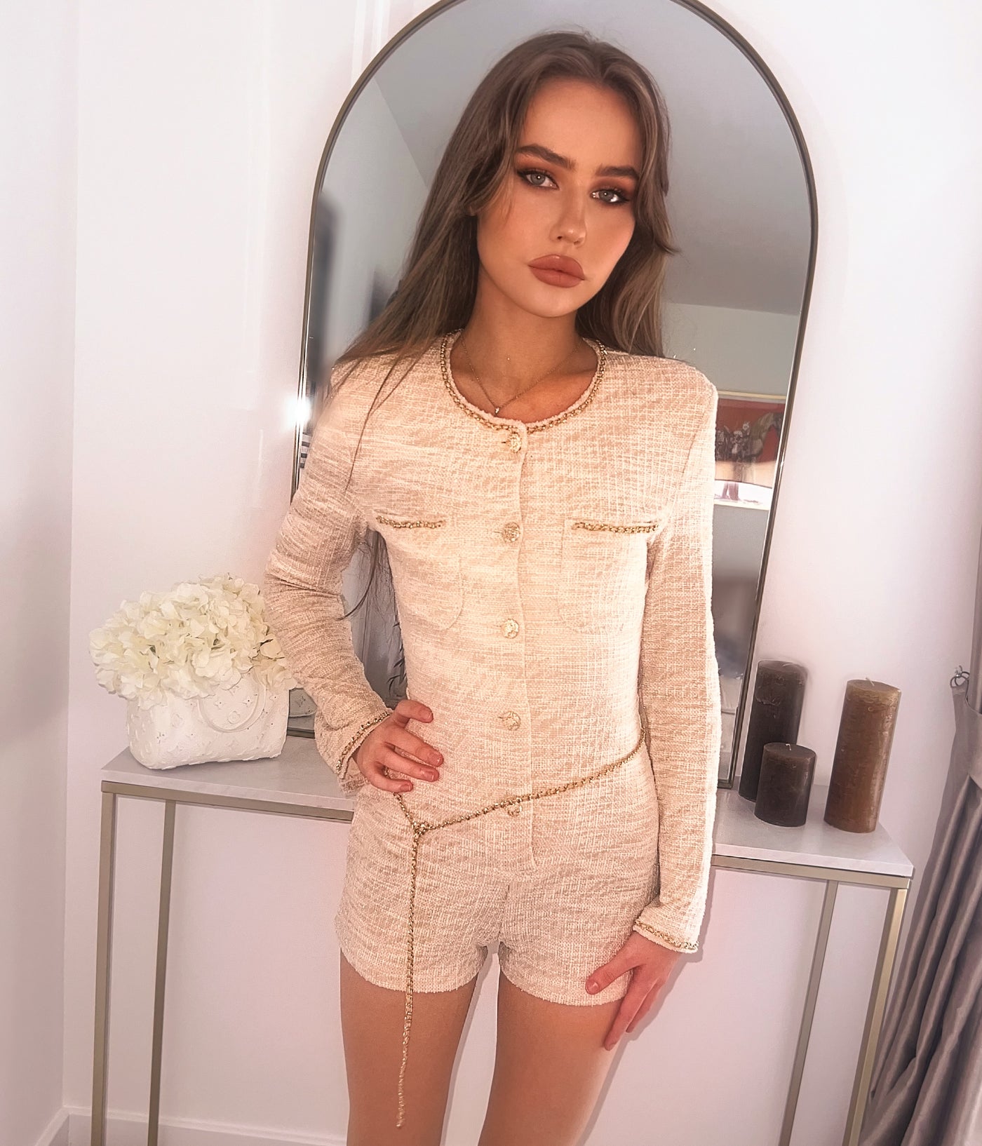 Nyla Cream Tweed Playsuit Chain Detailing