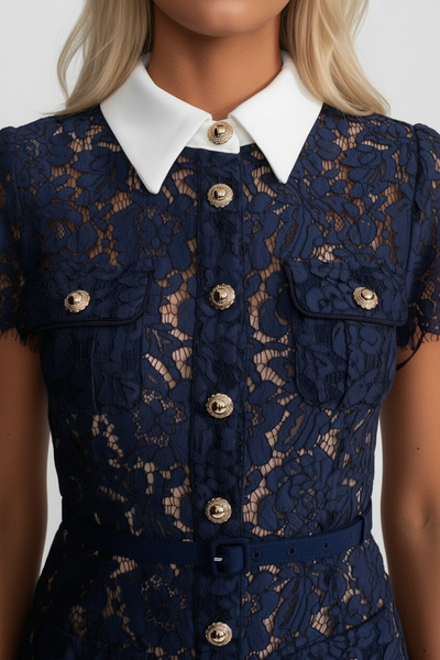 Floral Lace Midi Dress With Belted Waist