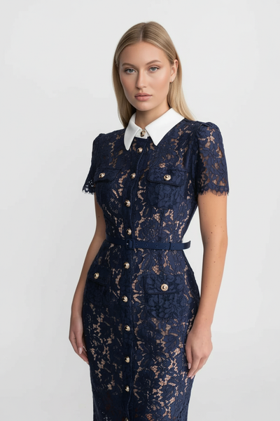 Floral Lace Midi Dress With Belted Waist