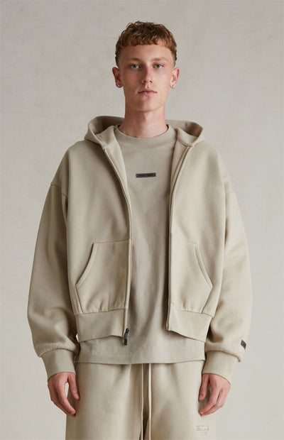 FEAR OF GOD ESSENTIALS Metallic Logo Full Zip Hoodie ‘Timber’ SP25