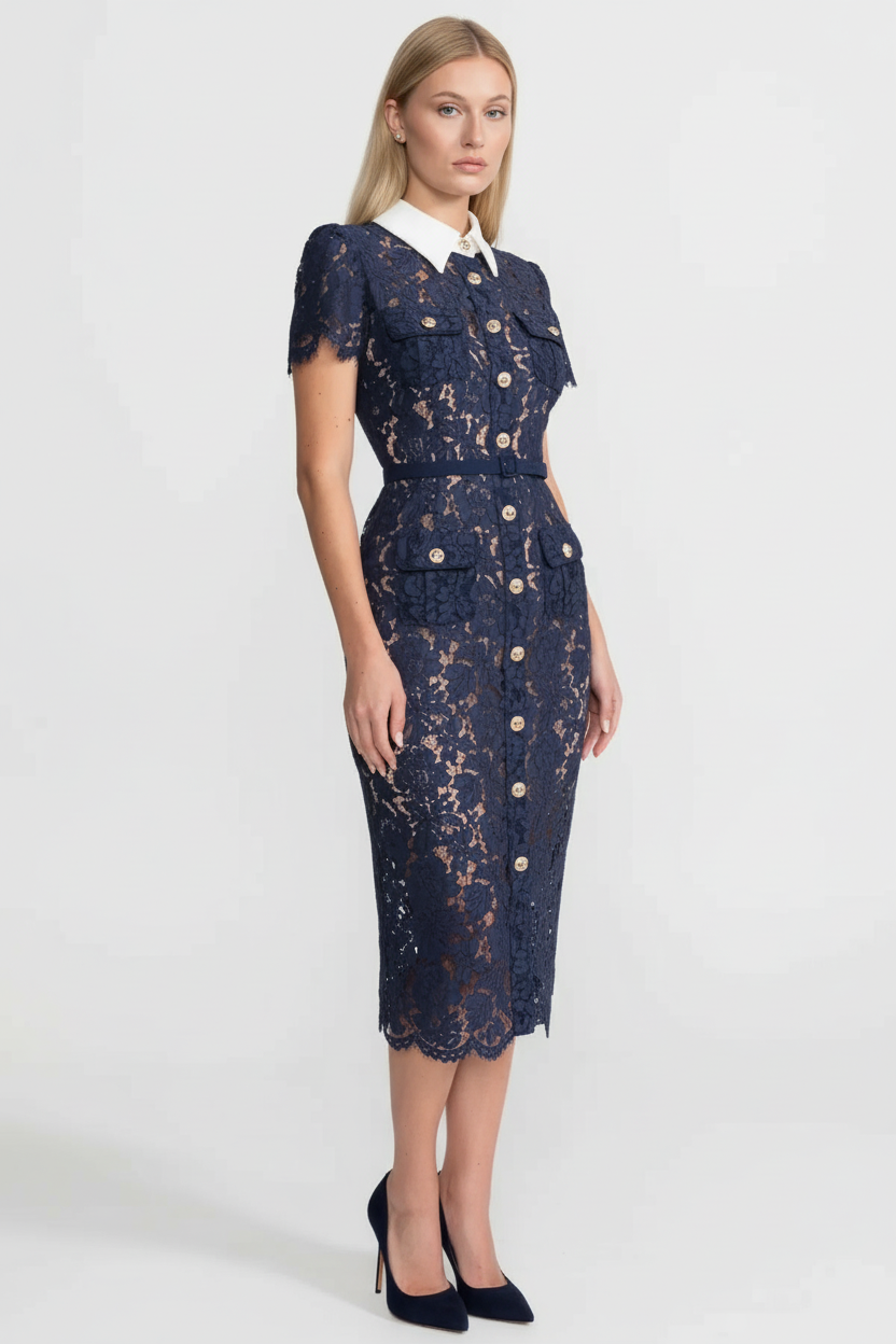 Floral Lace Midi Dress With Belted Waist