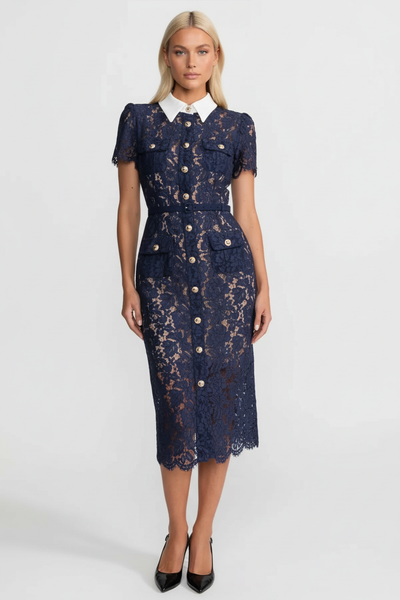 Floral Lace Midi Dress With Belted Waist