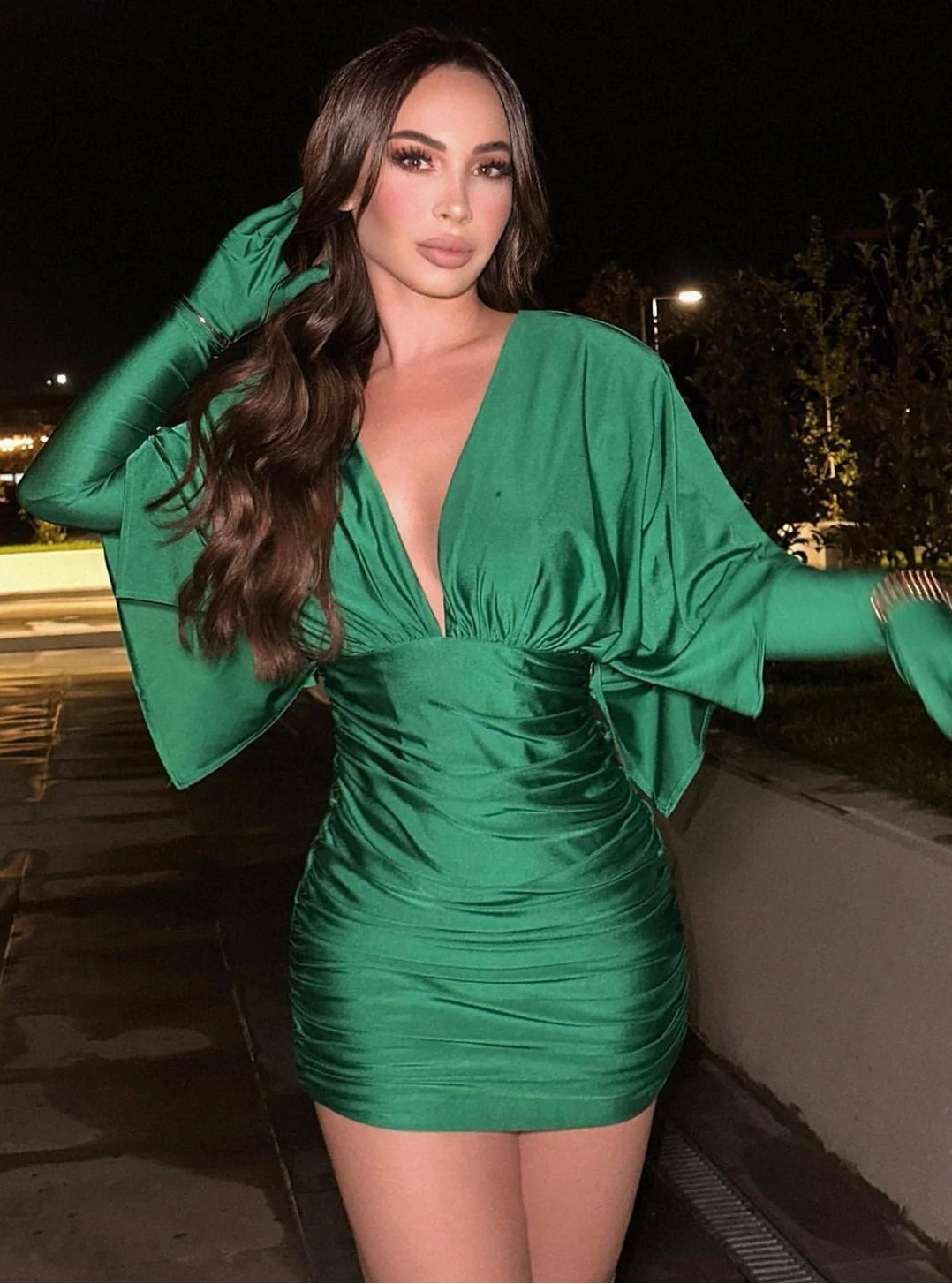 Women's 'Heartless' Satin Low Cut V Green Mini Dress