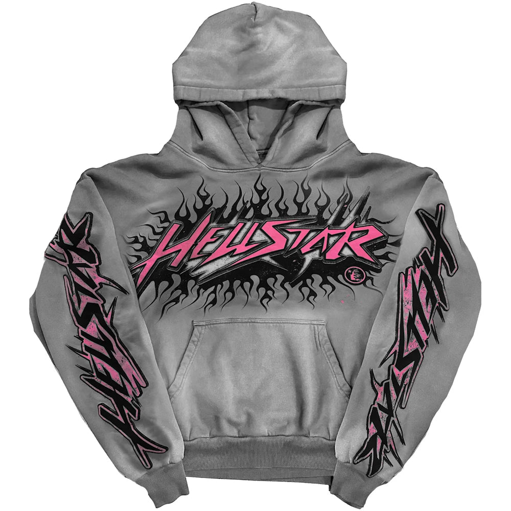 Hellstar Future Flame Grey Hoodie with Pink Flame Graphic