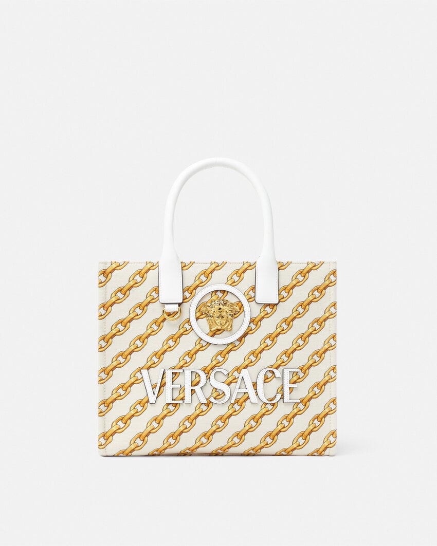 VERSACE CHAIN STRIPES LA MEDUSA SMALL TOTE BAG