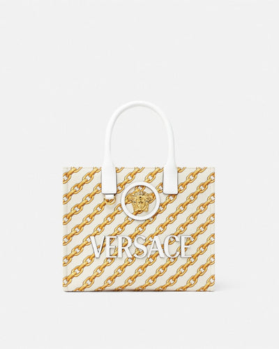 VERSACE CHAIN STRIPES LA MEDUSA SMALL TOTE BAG