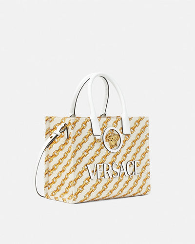 VERSACE CHAIN STRIPES LA MEDUSA SMALL TOTE BAG