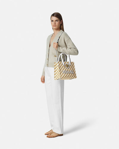 VERSACE CHAIN STRIPES LA MEDUSA SMALL TOTE BAG