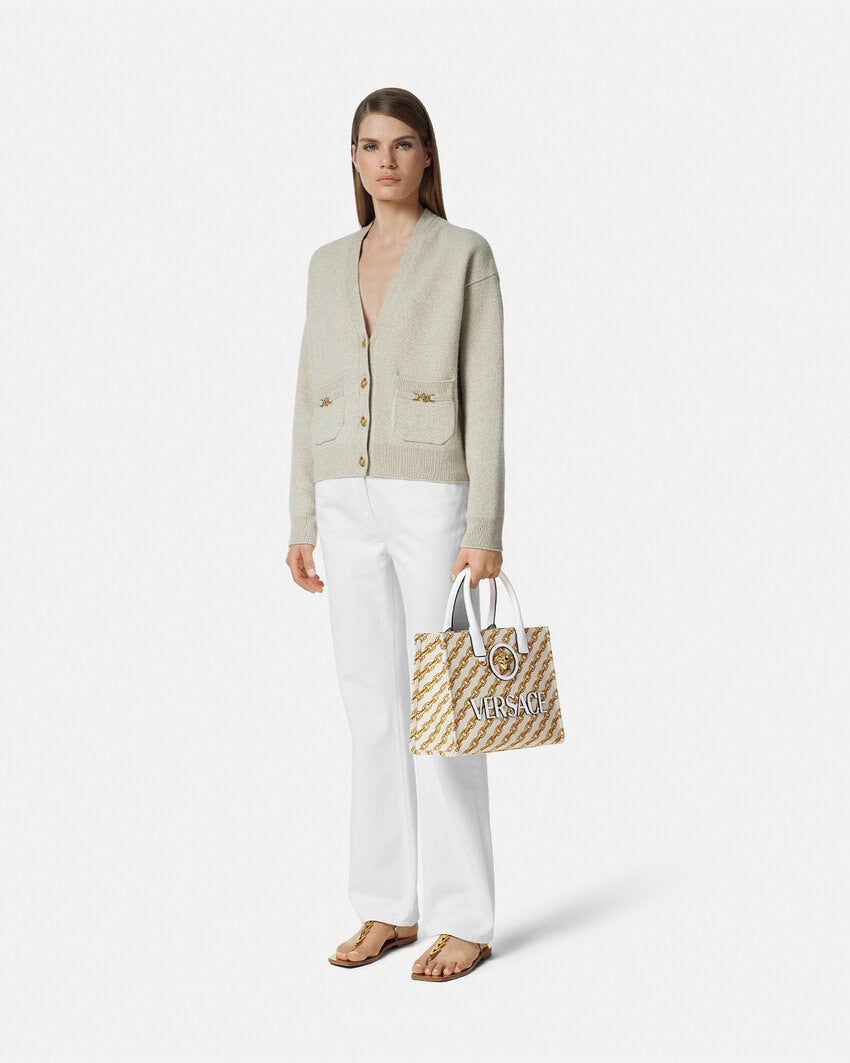 VERSACE CHAIN STRIPES LA MEDUSA SMALL TOTE BAG