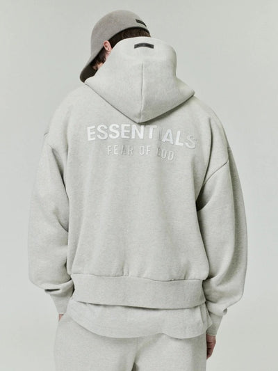 FEAR OF GOD ESSENTIALS Metallic Logo Full Zip Hoodie ‘Heather Stone’ SP25