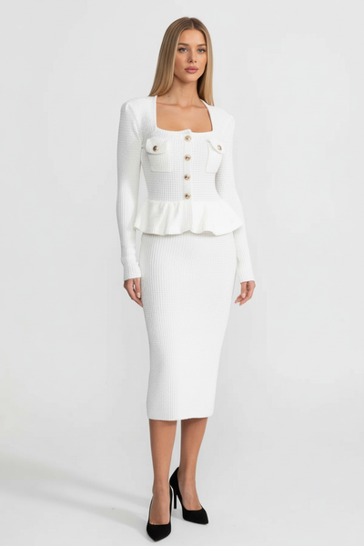 Peplum Ribbed Knit Midi Dress With Gold Buttons