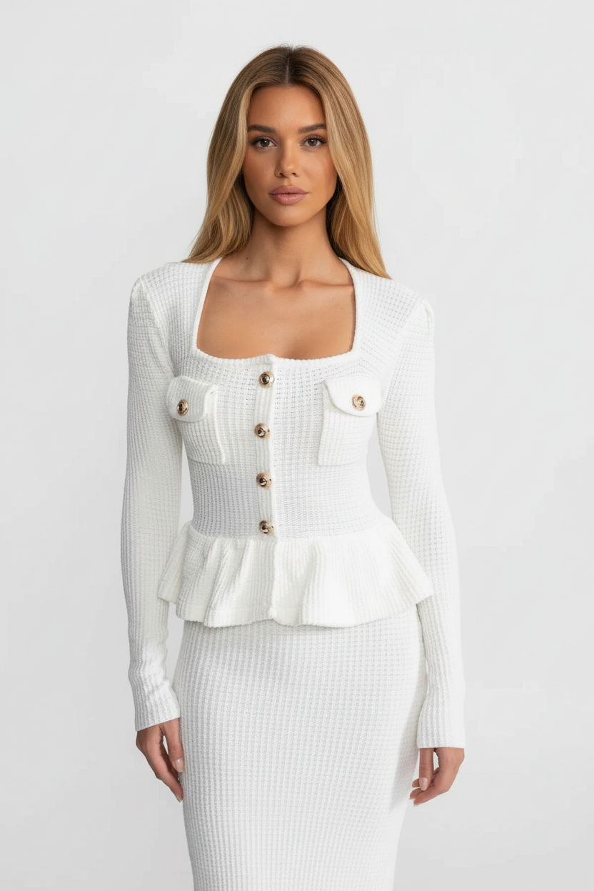 Peplum Ribbed Knit Midi Dress With Gold Buttons