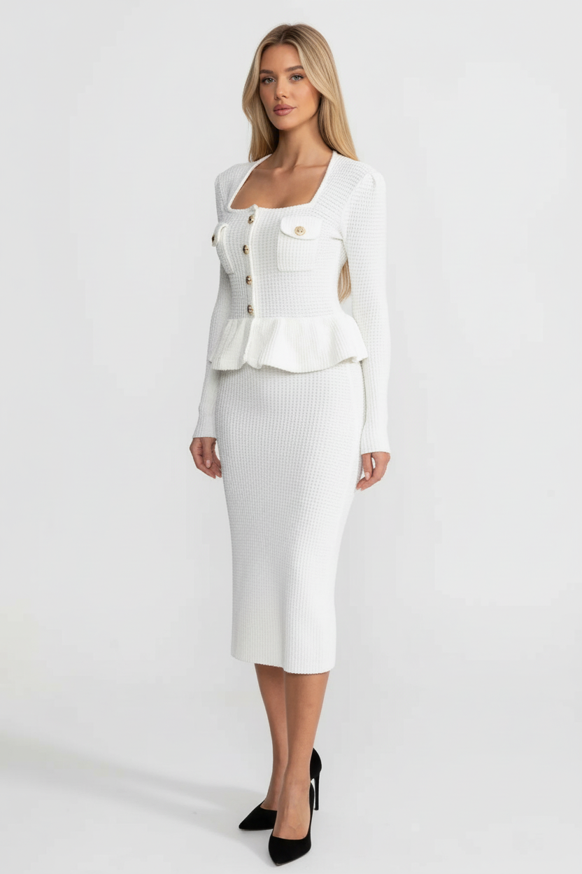 Peplum Ribbed Knit Midi Dress With Gold Buttons