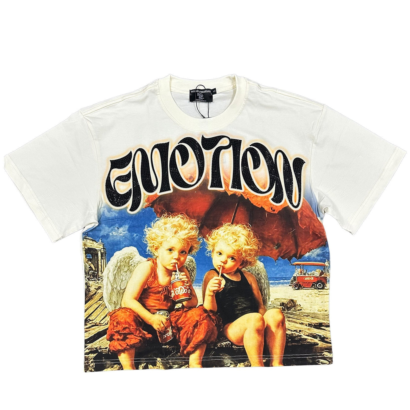 Elegant Women's Rhinestone Cream Tee with Twin Sparkle