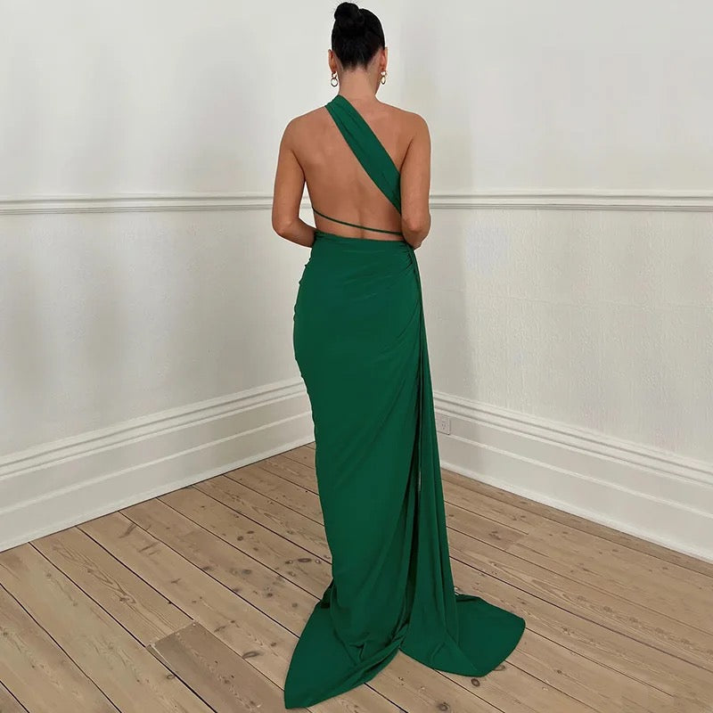 Heartless - Addison O ring drape side split leg backless maxi dress Green