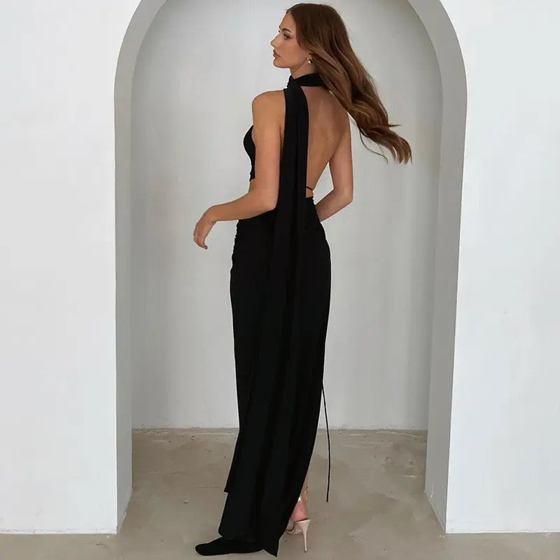 Heartless - Addison O ring drape side split leg backless maxi dress BLACK