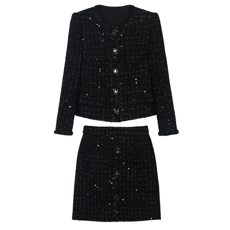 Sequined Tweed Suit with Jacket and Skirt for Women