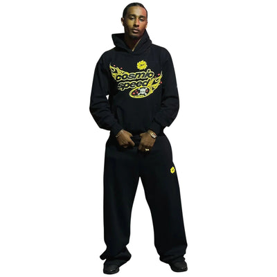 BROKEN PLANET MIDNIGHT BLACK / YELLOW WIDE LEG SWEATPANTS