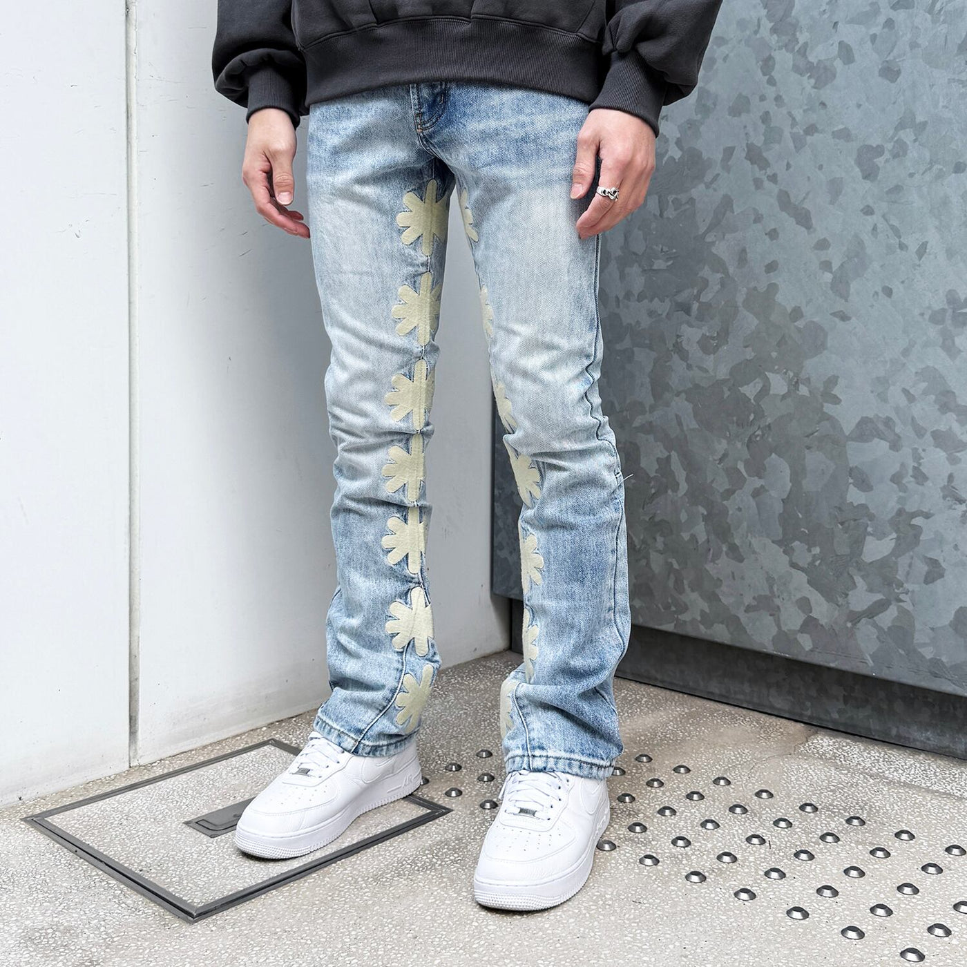 LOSTSHDWS Sun Logo Washed Flared Denim Jeans with Embroidered Details