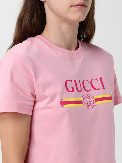 Women's Pink Gucci Vintage-Style Cotton Crewneck Logo T-Shirt
