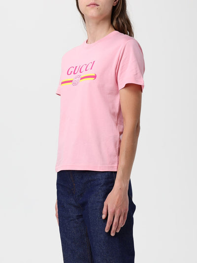 Women's Pink Gucci Vintage-Style Cotton Crewneck Logo T-Shirt