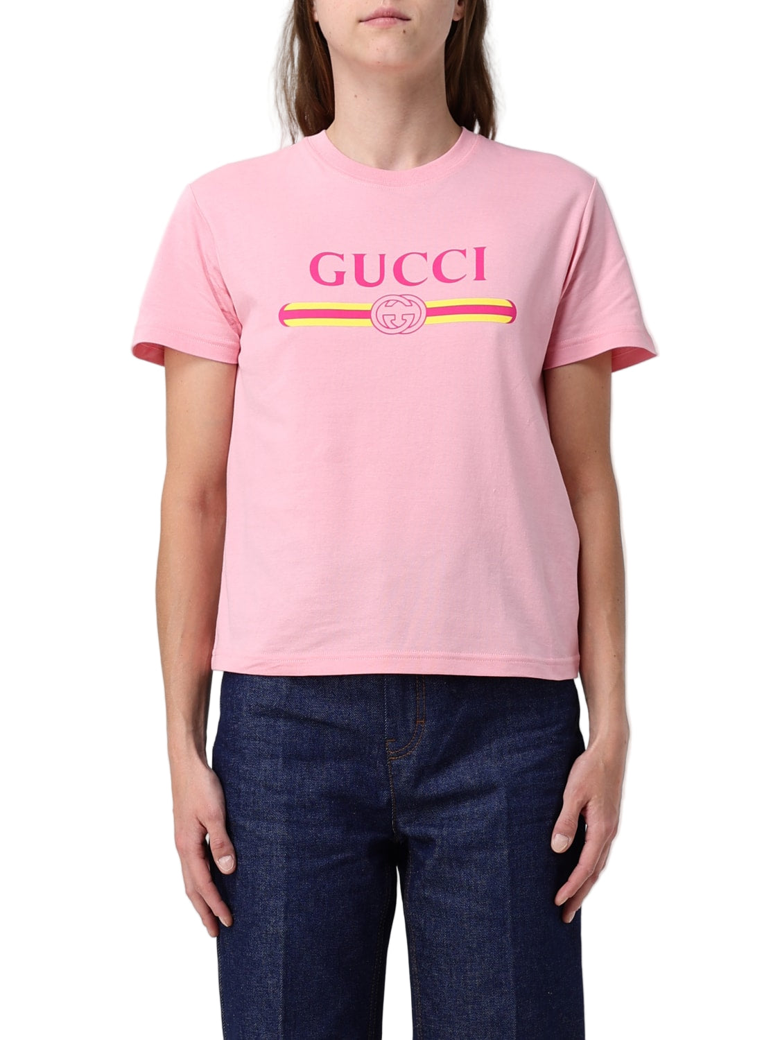 Women's Pink Gucci Vintage-Style Cotton Crewneck Logo T-Shirt