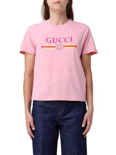 Women's Pink Gucci Vintage-Style Cotton Crewneck Logo T-Shirt