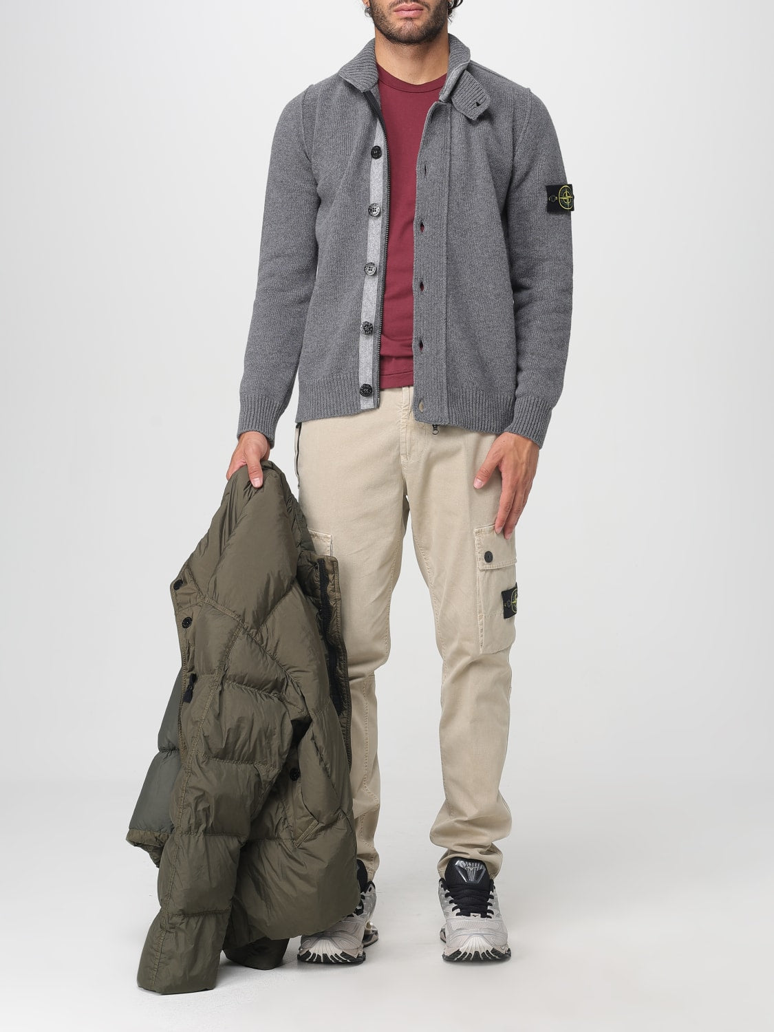 Stone Island Men's Beige Stretch Cotton Cargo Trousers with Compass Badge