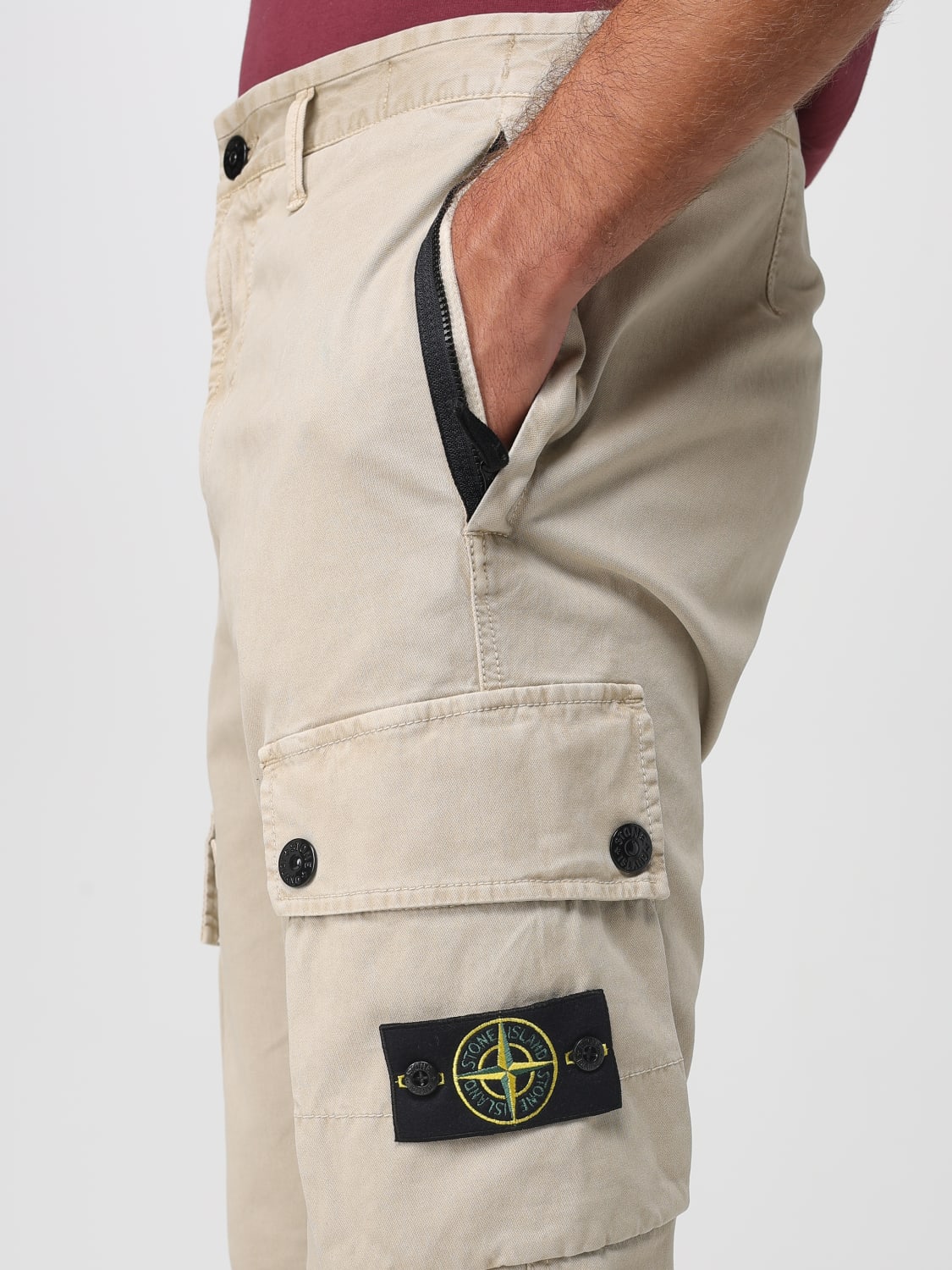 Stone Island Men's Beige Stretch Cotton Cargo Trousers with Compass Badge