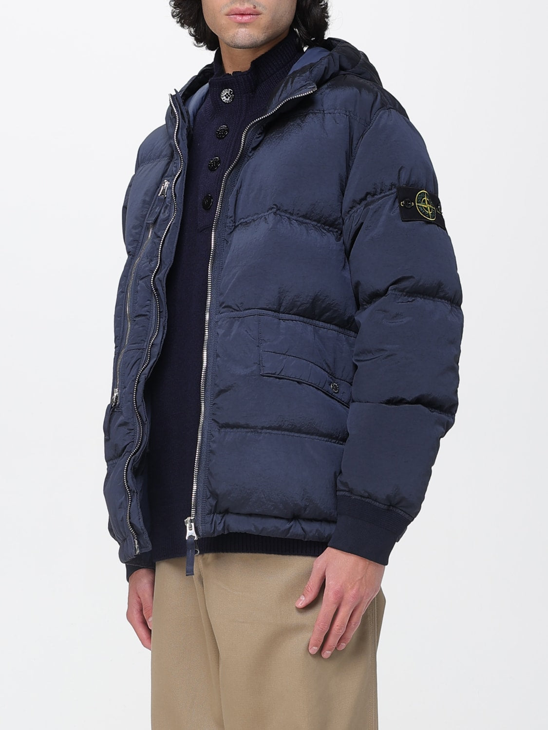 Stone Island Men's Blue Padded Quilted Econyl Hooded Water-Resistant Jacket