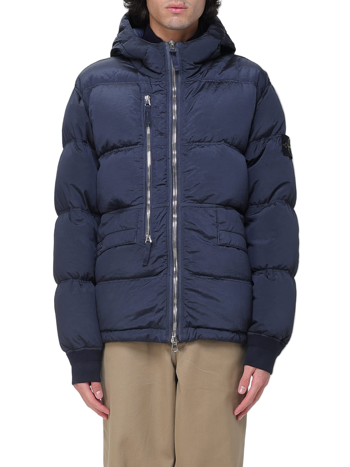 Stone Island Men's Blue Padded Quilted Econyl Hooded Water-Resistant Jacket