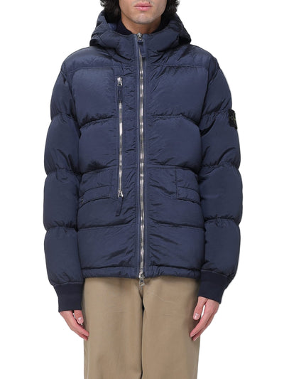 Stone Island Men's Blue Padded Quilted Econyl Hooded Water-Resistant Jacket