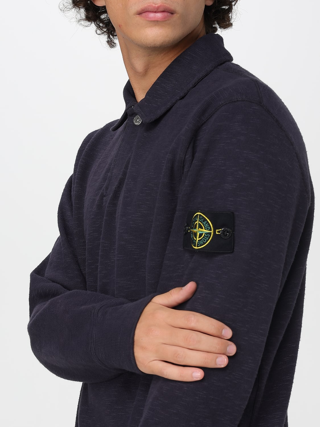 Stone Island Men's Ink Polo Neck Cotton Sweatshirt with Compass Patch