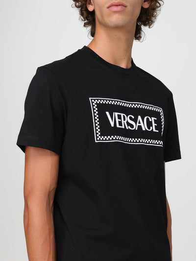 Versace Men's Black Slim Fit Cotton T-Shirt with Iconic Contrasting Logo