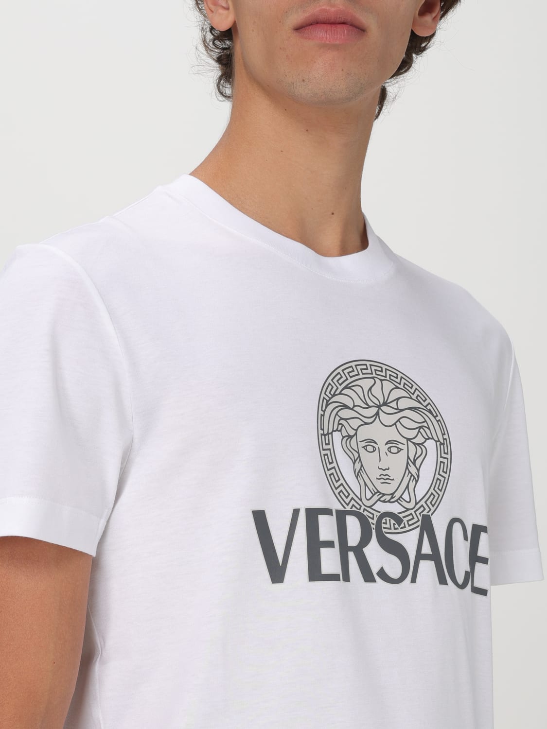Versace Men's White Cotton Crewneck T-Shirt with Bold Logo Print