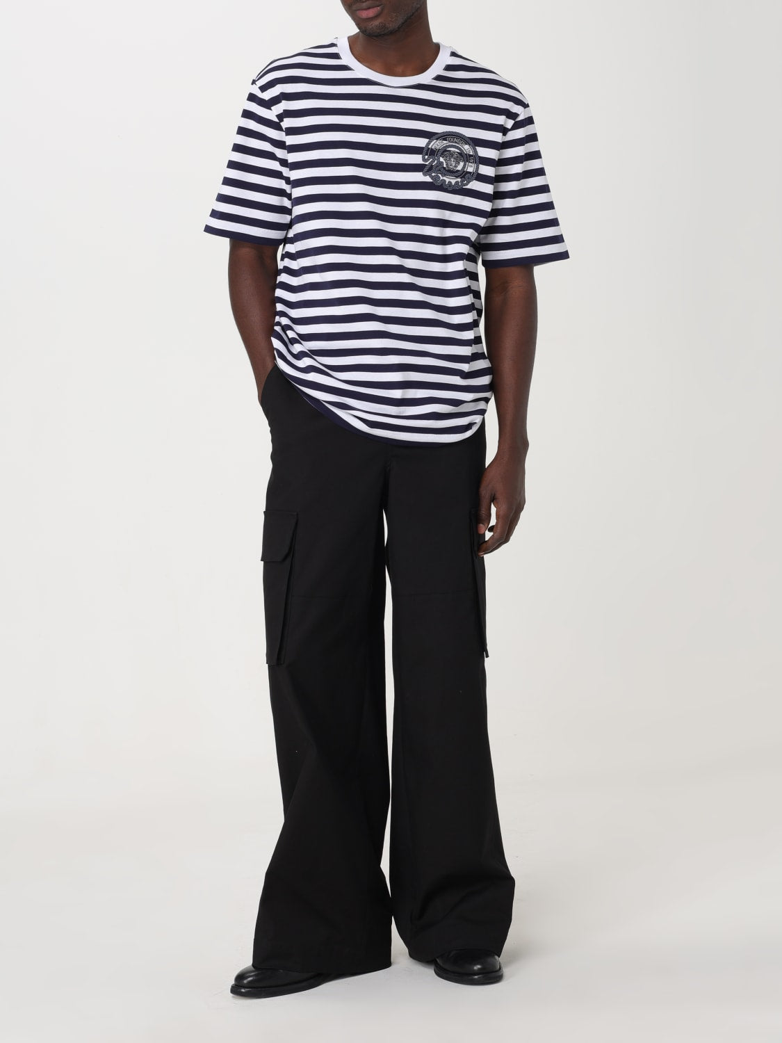 Men's Versace Multicolor Striped Cotton Crewneck T-Shirt with Contrasting Logo