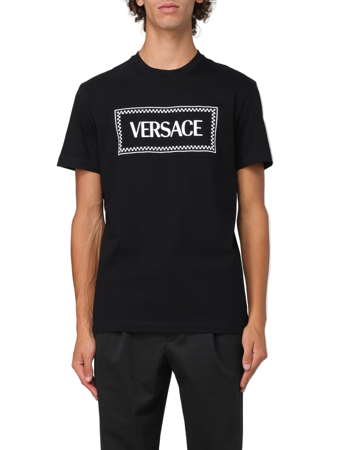 Versace Men's Black Slim Fit Cotton T-Shirt with Iconic Contrasting Logo