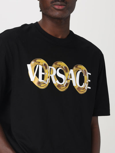 Men's Black Cotton Crewneck Versace T-Shirt with Bold Logo Print