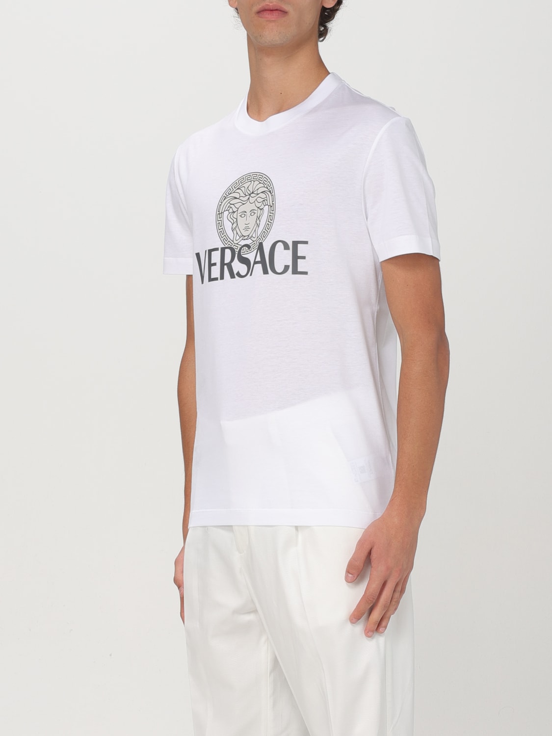 Versace Men's White Cotton Crewneck T-Shirt with Bold Logo Print