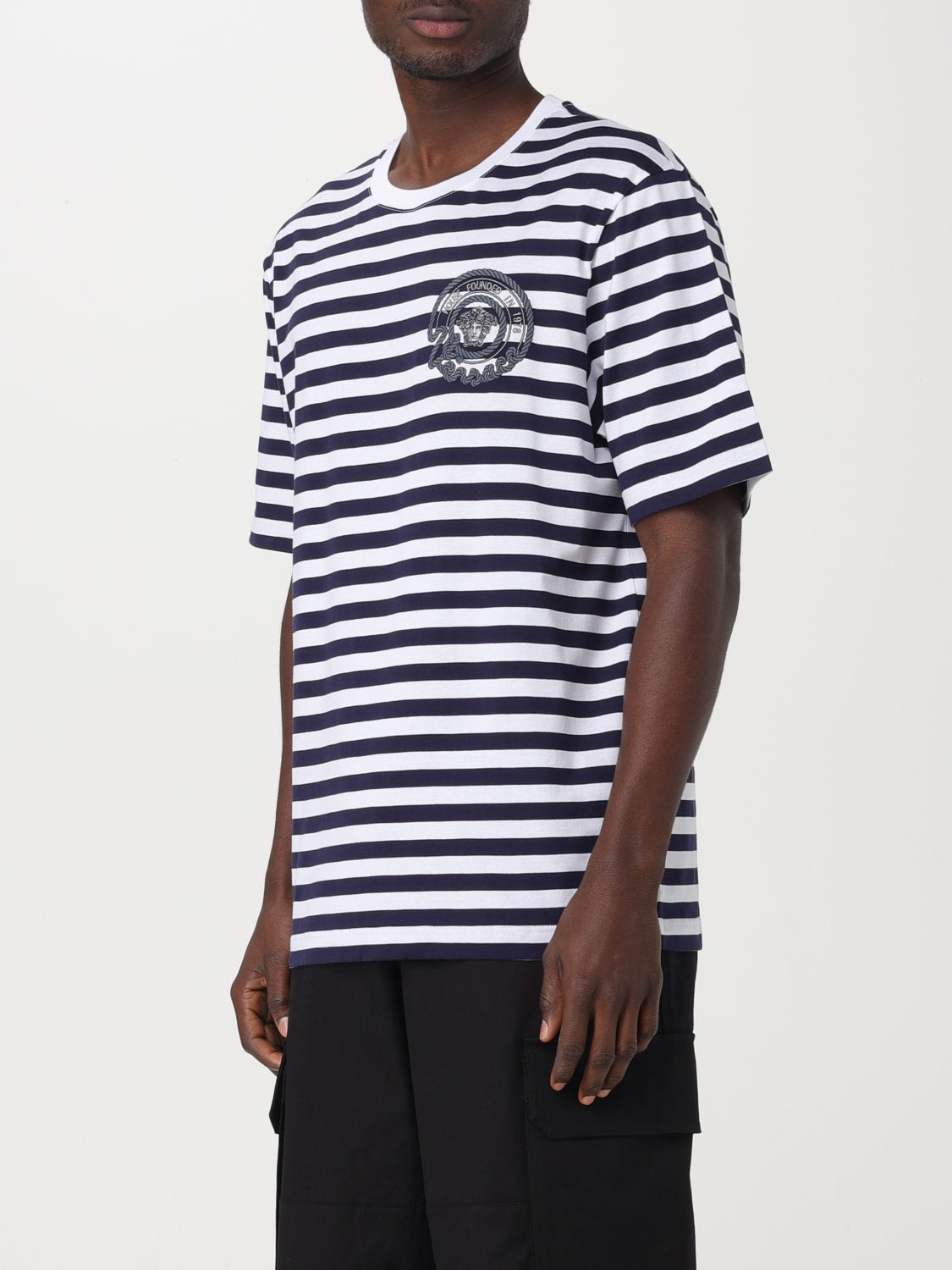 Men's Versace Multicolor Striped Cotton Crewneck T-Shirt with Contrasting Logo