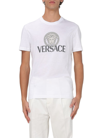 Versace Men's White Cotton Crewneck T-Shirt with Bold Logo Print