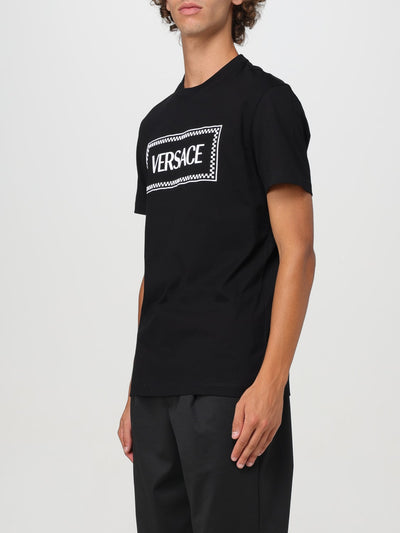 Versace Men's Black Slim Fit Cotton T-Shirt with Iconic Contrasting Logo