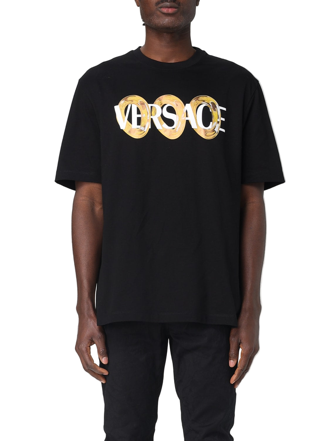 Men's Black Cotton Crewneck Versace T-Shirt with Bold Logo Print